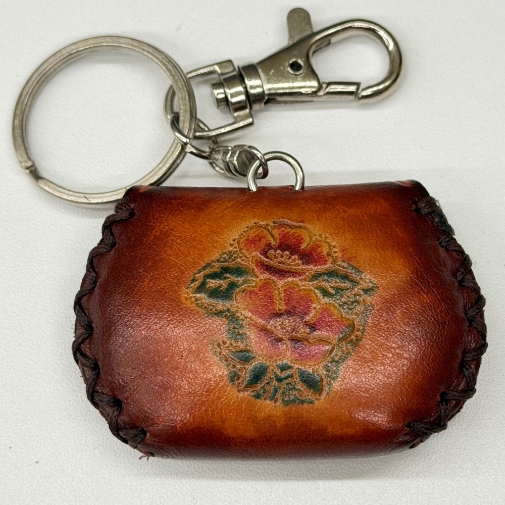 Vintage Tooled Leather Floral Coin Purse Keychain Brown Boho Mini Pouch Swivel